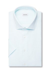 Chemise habillée bleu clair à manches courtes, pliée soigneusement avec col classique et boutons blancs, étiquetée « seidensticker » à l’intérieur du col.