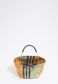Multicolored fabric tote bag with a striped pattern. Features a black handle and silver hardware, with a visible brand label inside.