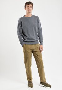 Maglione grigio con collo rotondo, abbinato a pantaloni cargo khaki con tasche laterali. Il modello indossa sneakers verde oliva. Design semplice e casual.