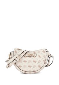 Beige halvmåne crossover taske med justerbar sele, guldfarvede hardware og gentagende Guess logo mønster.