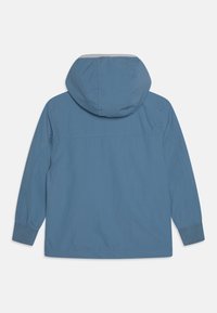 Blue lightweight jacket with a hood, featuring long sleeves and elastic cuffs. Simple design with a smooth texture and minimal stitching details.