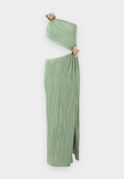 Green pleated maxi dress with asymmetric design, featuring two knotted accents at the shoulder and side slit for ease of movement.