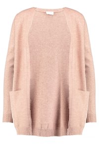 Ljusrosa kofta gjord av mjukt tyg, med löst snitt, ribbad nederkant och två framfickor. Inga knappar eller stängningar synliga.