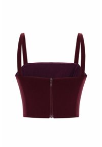 Burgundy kort topp gjord av stretchigt material, med tunna axelremmar och en frontdragkedja. Slät textur med en figurnära design.