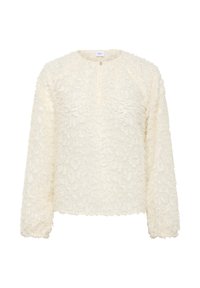 Blusa a maniche lunghe di colore crema con un collo rotondo e una singola chiusura con bottone piccolo al centro davanti.