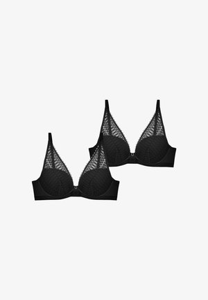 Ensemble de deux soutiens-gorge noirs avec un overlay en dentelle au motif géométrique, bonnets souples et bretelles réglables pour un ajustement confortable.