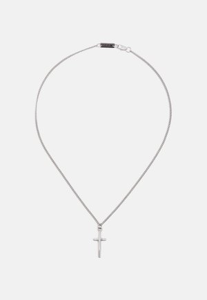 Silver chain necklace with a small, polished cross pendant and a clasp featuring a rectangular tag engraved with "ICON".