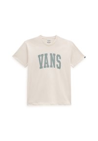 Camiseta de algodón en color blanco roto con cuello redondo y logotipo "VANS" impreso en azul claro. Manga corta, corte relajado, con detalles mínimos.