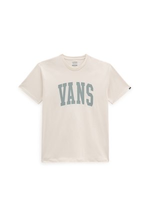 T-shirt in cotone off-white con scollatura a girocollo e logo "VANS" stampato in azzurro chiaro. Maniche corte, vestibilità rilassata, dettagli minimi.