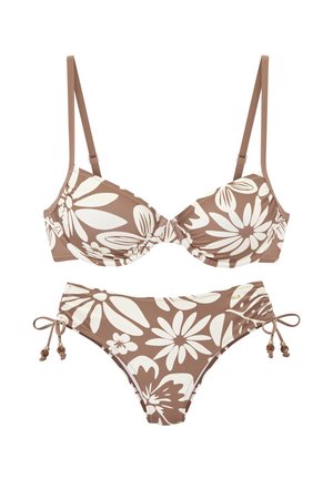 Braun-weiß geblümter Bikini mit verstellbaren Trägern am Oberteil und seitlichen Bändern mit Perlen am Unterteil.