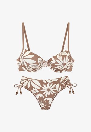 Braun-weiß geblümter Bikini mit verstellbaren Trägern am Oberteil und seitlichen Bändern mit Perlen am Unterteil.