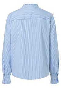 Light blue and white striped shirt with long sleeves, gathered cuffs, and a classic collar. Smooth texture, relaxed fit, and no visible buttons.