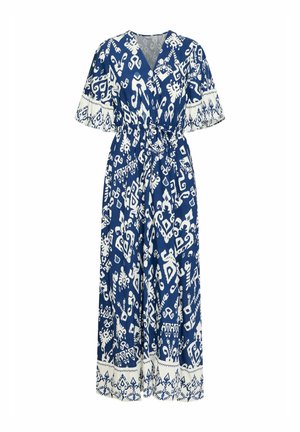 Blå og hvid mønstret maxikjole med V-hals, korte ærmer, bundet talje og blomsterdekorationer ved kanten. Blandingsstof af bomuld.