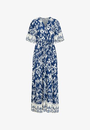 Maksimus krilo modre in bele barve s potiskom, z V-izrezom, kratkimi rokavi, povezanem pasu in cvetličnimi akcenti na robu. Tkanina iz mešanice bombaža.