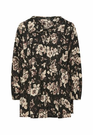 Blusa nera a fiori con rose rosa chiaro, maniche lunghe, colletto rotondo e bottoni frontali. Vita leggermente arricciata.