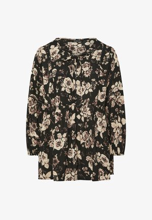 Schwarze Blumenbluse mit hellrosa Rosen, langen Ärmeln, einem runden Kragen und Knöpfen vorne. Leicht geraffte Taille.