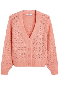 Měkký růžový pletený kardigan s knoflíkovým zapínáním, výstřihem do V, dlouhými rukávy a složitým krajkovým vzorem po celém povrchu.