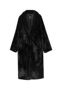 Cappotto in ecopelliccia nera con colletto a revers, maniche lunghe e chiusura frontale con bottoni. Tessuto morbido e lunghezza fino al ginocchio.