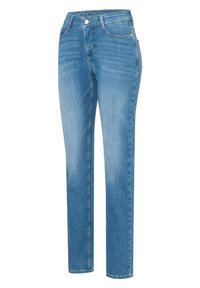 Hellblaue Jeans aus Denim, mit geradem Bein, fünf Taschen, Knopf- und Reißverschluss, sanfte Ausbleichungen und gestickte Details an den Nähten.