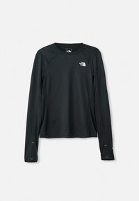 T-shirt de sport noir à manches longues texturé avec col rond, trous pour les pouces, et logo blanc The North Face sur la poitrine gauche et à l'intérieur du col.