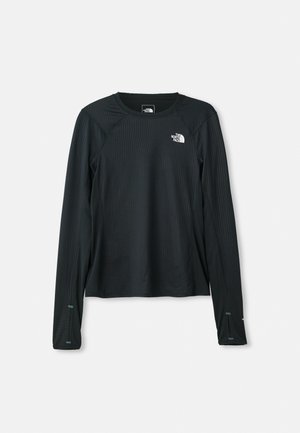 Zwarte lange mouwen textuur sportshirt met ronde hals, duimgaten en het witte The North Face-logo op de linkerkant van de borst en aan de binnenzijde van de kraag.