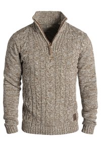 Beiger Kabelstrickpullover mit hohem Kragen und Reißverschluss sowie gerippten Bündchen und Saum. Strukturierter, warmer Stoff mit einem lässigen Design.