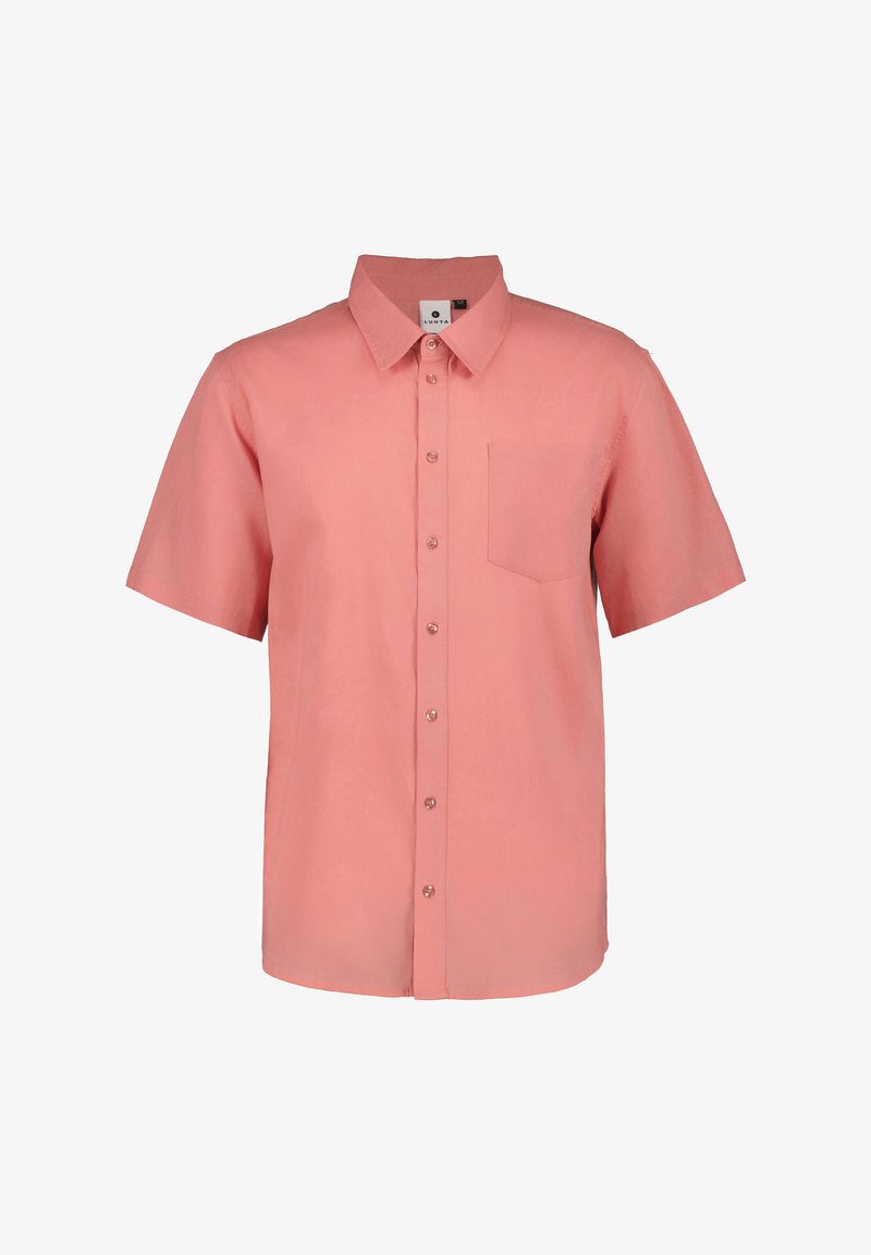 Chemise à manches courtes, rose pâle, à boutons, en tissu lisse, avec une poche poitrine et un col classique.