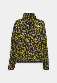 Pullover in pile nero con stampa leopardata gialla, presenta un colletto a mezza cerniera e un logo sul lato sinistro del petto, tessuto strutturato.