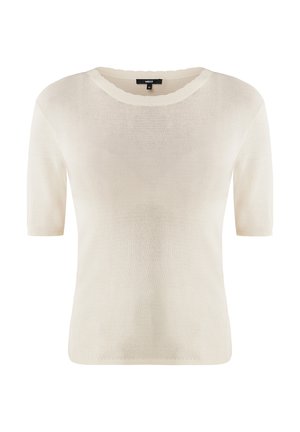 Svetle krémový pletený svetr s krátkým rukávem, kulatým výstřihem a texturovaným povrchem. Jednoduchý design, bez vzorů nebo viditelného kování.