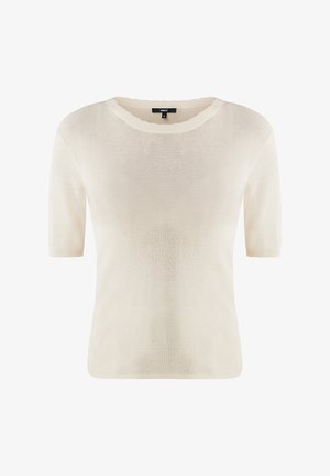 Svetle krémový pletený svetr s krátkým rukávem, kulatým výstřihem a texturovaným povrchem. Jednoduchý design, bez vzorů nebo viditelného kování.