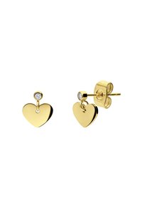 Gouden hartvormige oorbellen met een gepolijste afwerking, met bovenaan een kleine heldere edelsteenaccent. Eenvoudig en elegant ontwerp.
