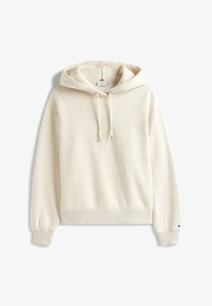 Kremowy sweatshirt z kapturem, haftowany logo na piersi, ściągacze z ribbingu oraz regulowane sznurki. Miękka teksturowana tkanina.