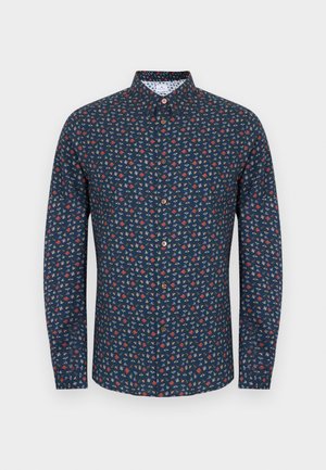 Marineblaue langärmelige Hemdbluse mit kleinem, mehrfarbigem geometrischem Muster und Holzknöpfen.