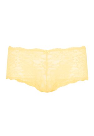 Yellow lace hipster panties with floral patterns, scalloped edges, and a bow accent at the back, featuring a soft and sheer texture.