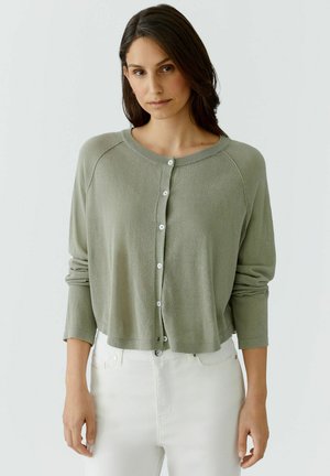 Vrouw draagt een lichtgroene gebuttonde cardigan met lange mouwen en witte hoge taille broek, staand tegen een effen lichte achtergrond.