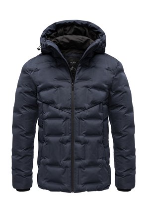 Navy puffer jacket with a zip front, quilted texture, adjustable hood, and black interior lining. Features two side pockets and elastic cuffs.