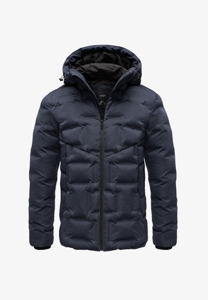 Marineblaue Steppjacke mit Reißverschlussöffnung, gequilteter Textur, verstellbarem Kapuze und schwarzem Innenfutter. Verfügt über zwei Seitentaschen und elastische Bündchen.