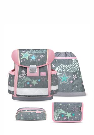 Gray backpack with pink accents, featuring star patterns in blue and glitter on the front. Includes a pencil case and drawstring bag.