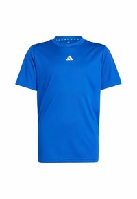 Blaues Sport-T-Shirt aus atmungsaktivem Material, mit Rundhalsausschnitt und kurzen Ärmeln. Weißes Logo auf der Brust. Glatte Textur.