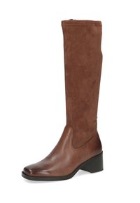 Braun kniehohe Stiefel mit einer glatten Lederzehe und einem weichen Wildlederschaft. Quadratische Zehenform mit einem niedrigen, strukturierten Absatz.
