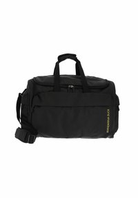 Sac de sport noir en tissu durable, doté de deux poignées supérieures, d'une bandoulière amovible et d'une poche avant avec détail de logo.