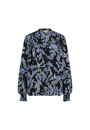 Langarm blouse in zwarte stof met een bloemenpatroon in lichtblauw en groen. Heeft een knoopsluiting en gathered manchetten.