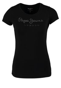 Mustan istuvan lyhythihaisen T-paidan etuosassa on pieniä kimalteita, jotka muodostavat "Pepe Jeans London" -logon. Paidassa on pyöreä pääntie ja koko on pieni.