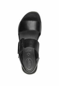 Sandal in pelle nera con due fasce larghe, fibbia regolabile e suola imbottita. Texture liscia con dettagli di design minimali.