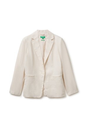 Blazer beige chiaro monopetto con rever a lancia e due tasche anteriori a filetto, mostrato su uno sfondo bianco uniforme.