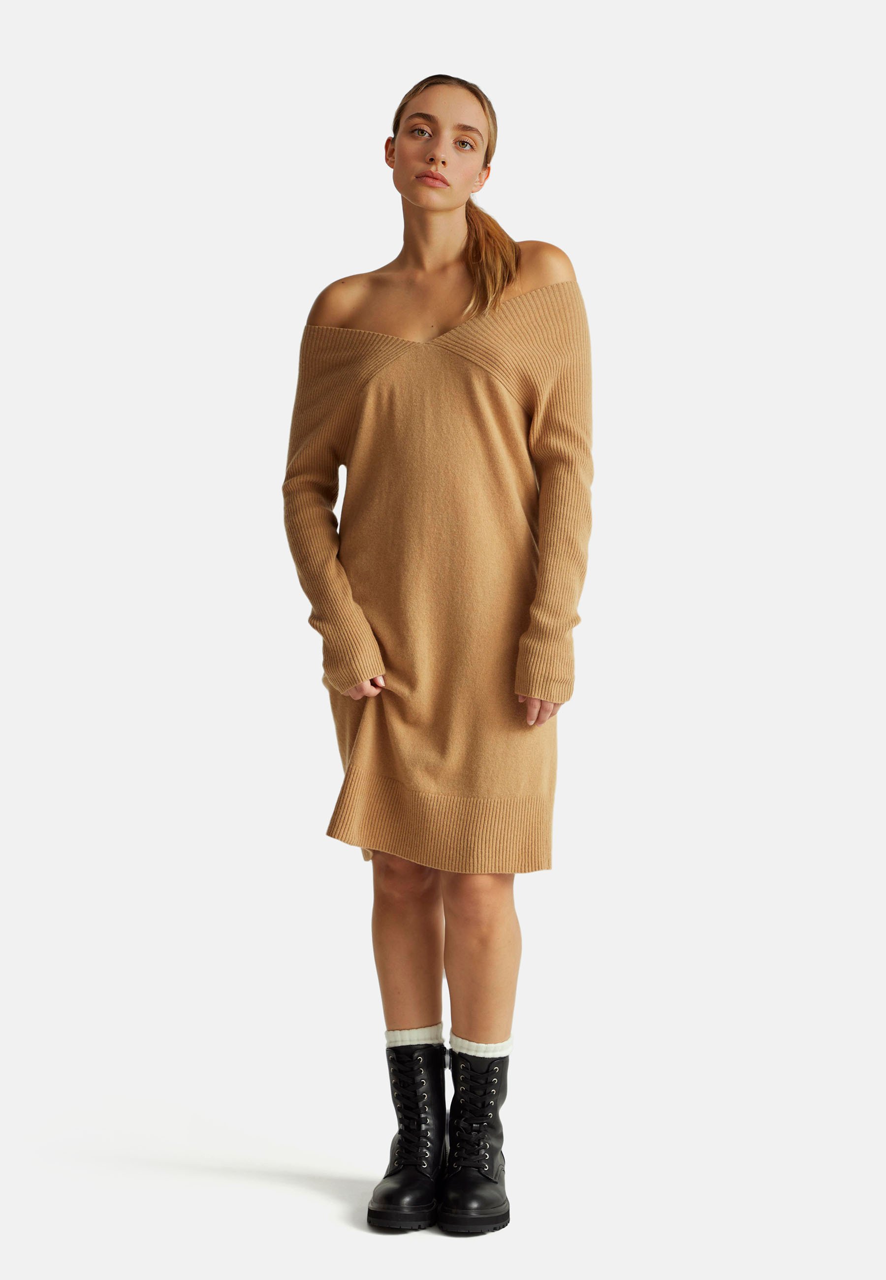 United Colors Of Benetton Vestito Donna Midi Manica Lunga - Maglia Morbida, Collo A Cratere, Fit Dritto