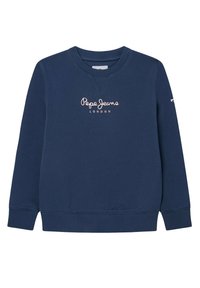 Námořnická modrá mikina s kulatým výst řihem vyrobená z měkké látky, s růžovou vyšitou nášivkou "Pepe Jeans London" na přední straně a žebrovanými manžetami.