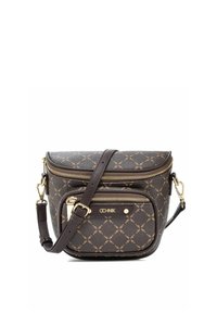 Brązowa torba na ramię w wzory z złotymi zamkami, przednią kieszenią, regulowanym paskiem oraz logo OCHNIK na przednim panelu.