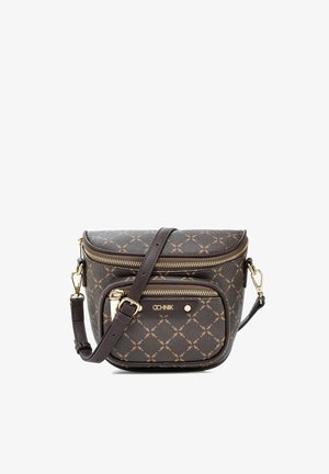 Brązowa torba na ramię w wzory z złotymi zamkami, przednią kieszenią, regulowanym paskiem oraz logo OCHNIK na przednim panelu.