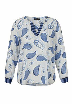 Wit blouse met lange mouwen met blauwe paisley-patronen, V-hals met gestreepte bies en bijpassende gestreepte manchetten.